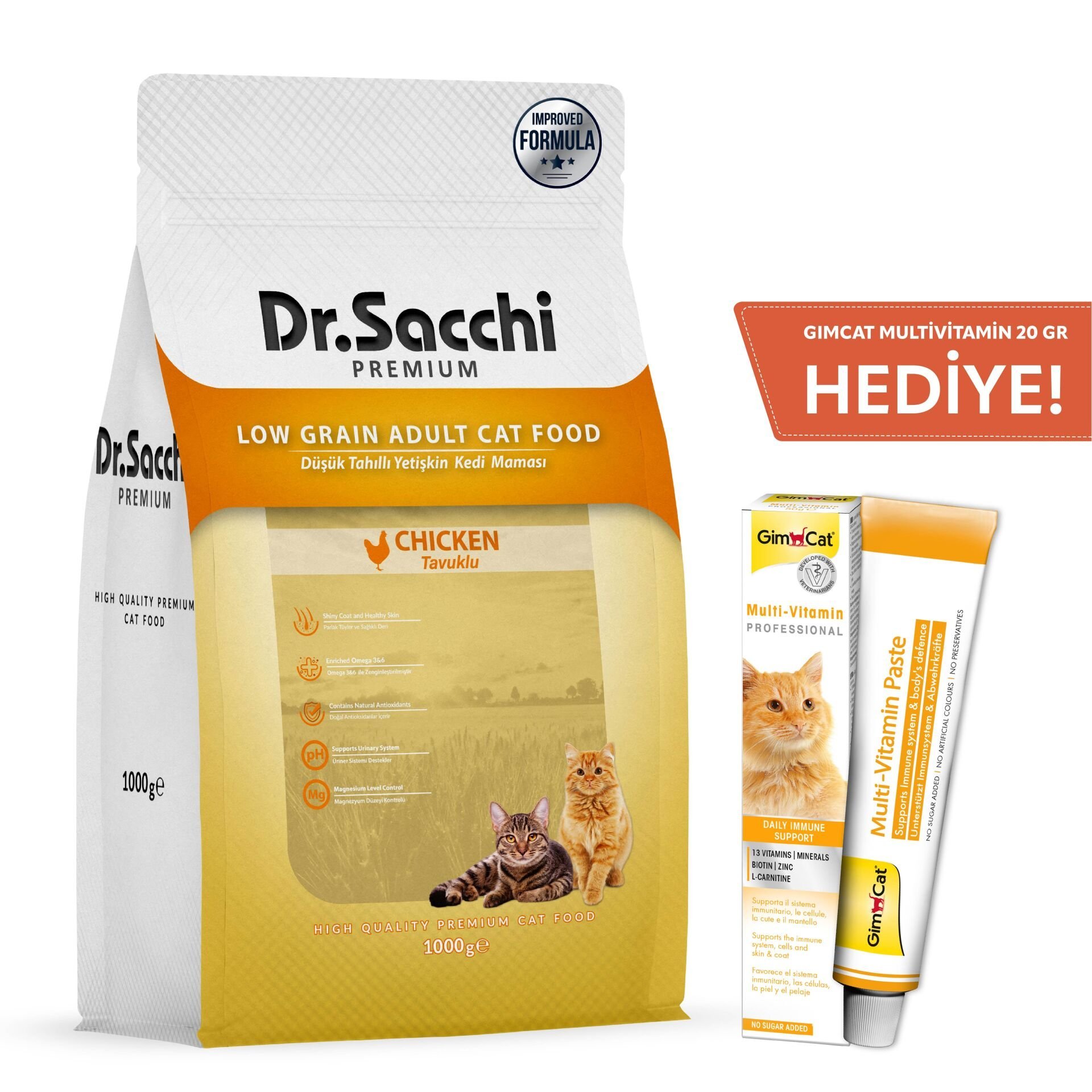 Dr.Sacchi Premium Tavuklu Düşük Tahıllı Yetişkin Kedi Maması 1 Kg + GimCat Multivitamin 20 gr Hediyeli!