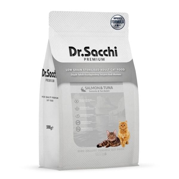 Dr.Sacchi Premium Somonlu Ve Ton Balıklı Düşük Tahıllı Kısırlaştırılmış Kedi Maması 1 Kg