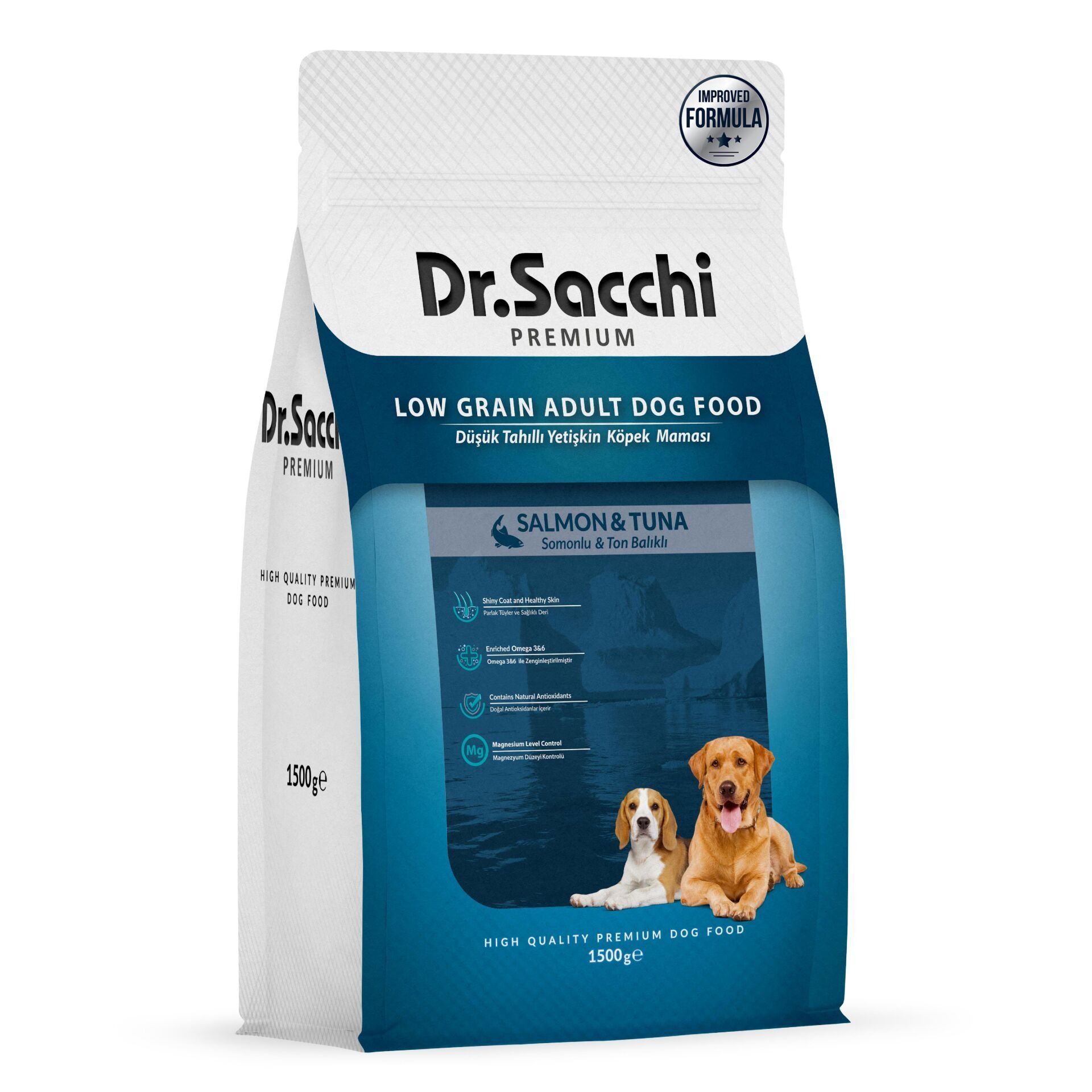 Dr.Sacchi Premium Somonlu Ve Ton Balıklı Düşük Tahıllı Yetişkin Köpek Maması 1,5 Kg