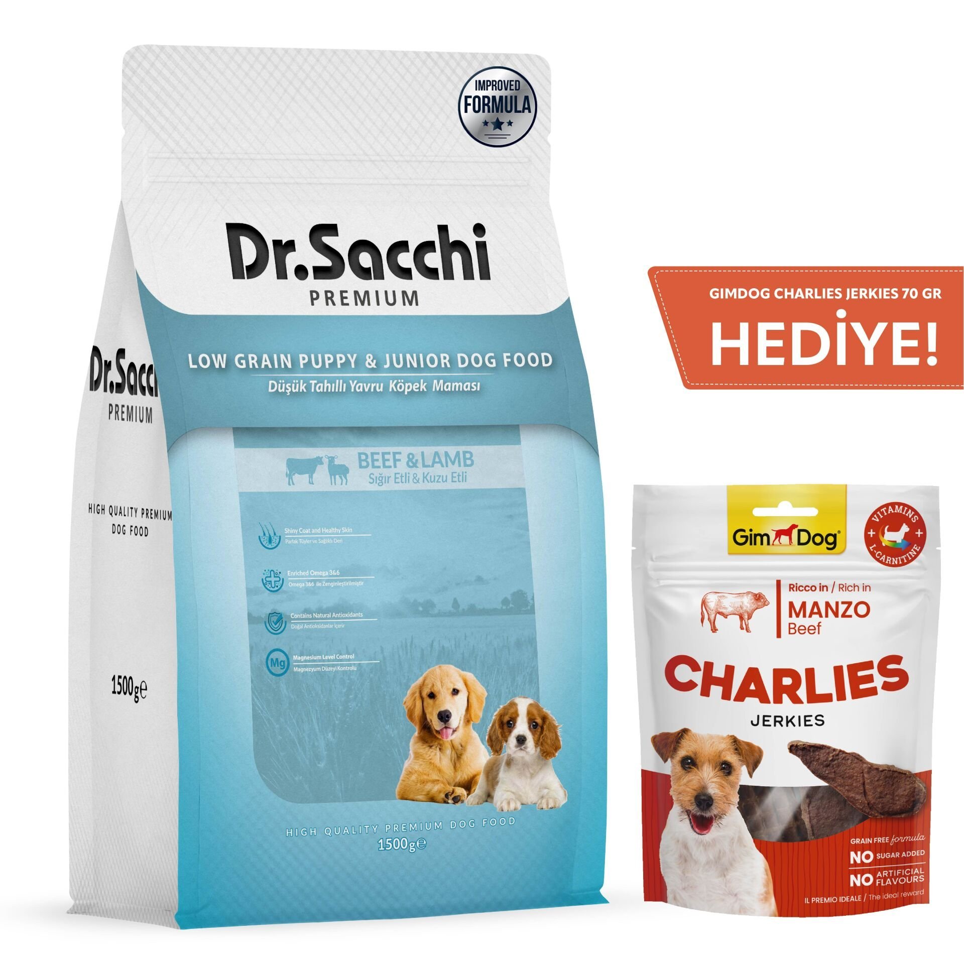 Dr.Sacchi Premium Sığır Etli Ve Kuzu Etli Düşük Tahıllı Yavru Köpek Maması 1,5 Kg + Gimdog Charlies Jerkies Sığır Etli Köpek Ödülü 70Gr