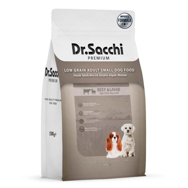 Dr.Sacchi Düşük Tahıllı Sığır Etli ve Kuzu Etli Mini Irk Yetişkin Köpek Maması 1,5 Kg