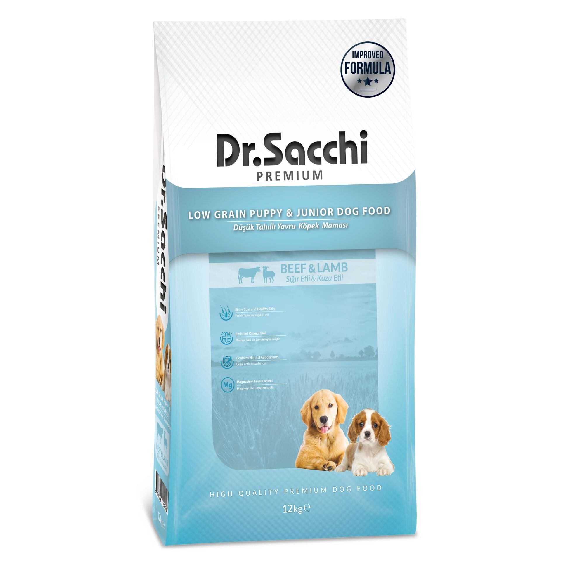 Dr.Sacchi Düşük Tahıllı Sığır Etli ve Kuzu Etli Yavru Köpek Maması 12 Kg
